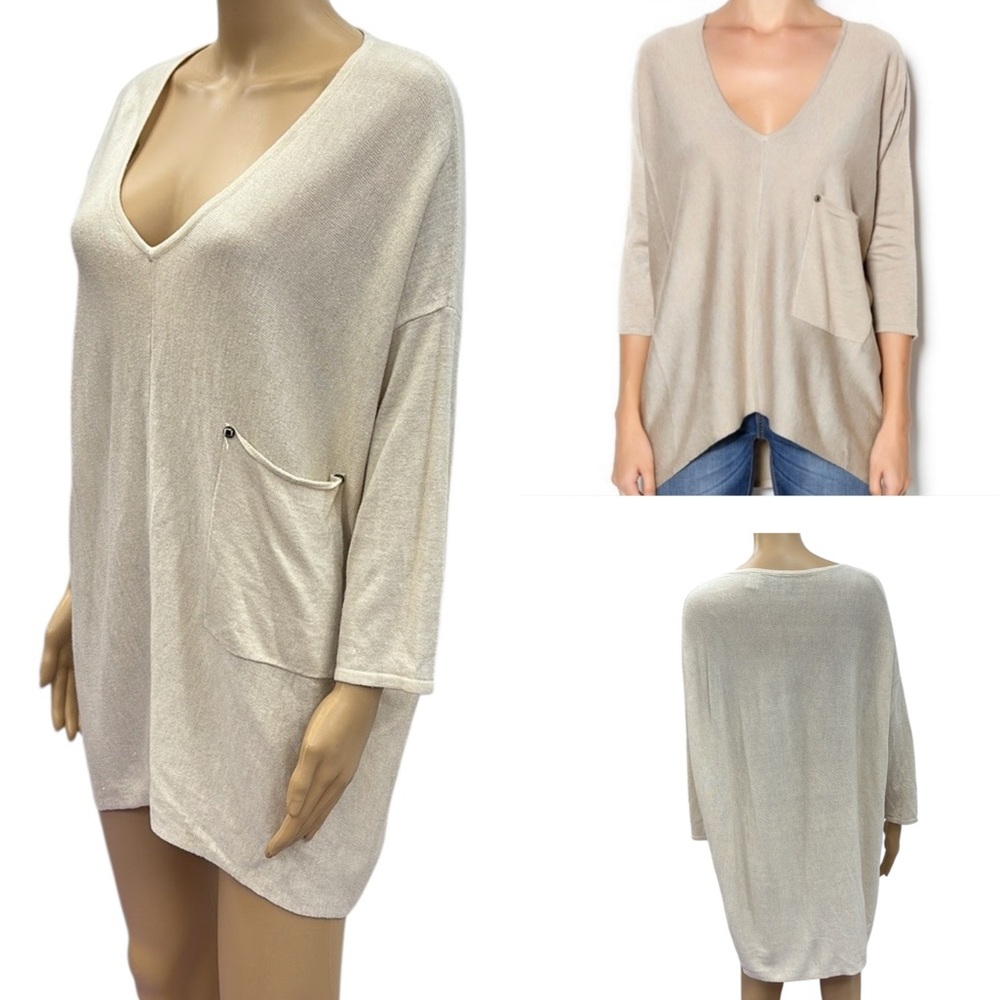 Kerisma Raven Khaki Oversized Lightweight Knit V Neck Tunic Top 3 Quarter Sleeve